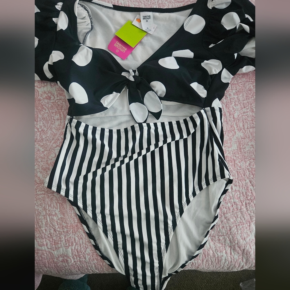 Tabitha Brown Collection - Black and White Polka Dot Stripe Kids One Piece